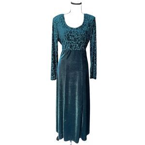 VTG 90s Molly Malloy Evening Hunter Green Velvet Burnout Maxi Dress Large